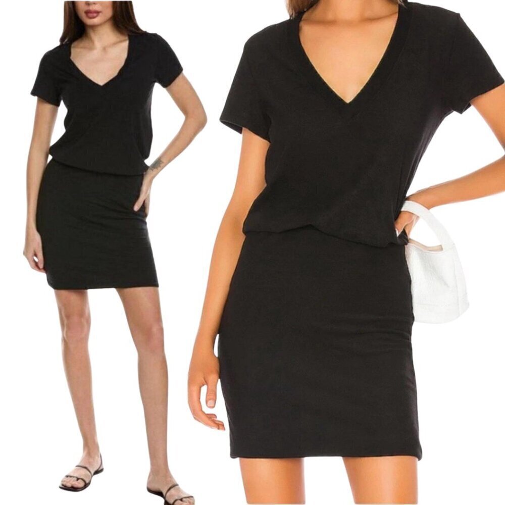 James Perse V-Neck Blouson T-Shirt Mini Dress Women's 1 Small Black Neutral NWOT